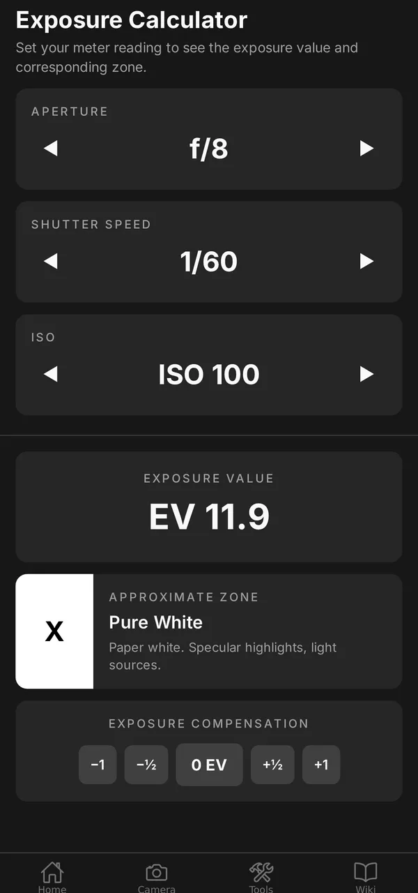 Exposure Calculator screen