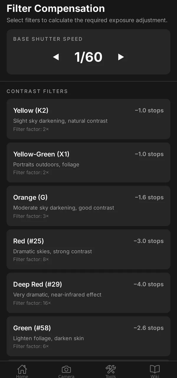 Filter Compensation screen
